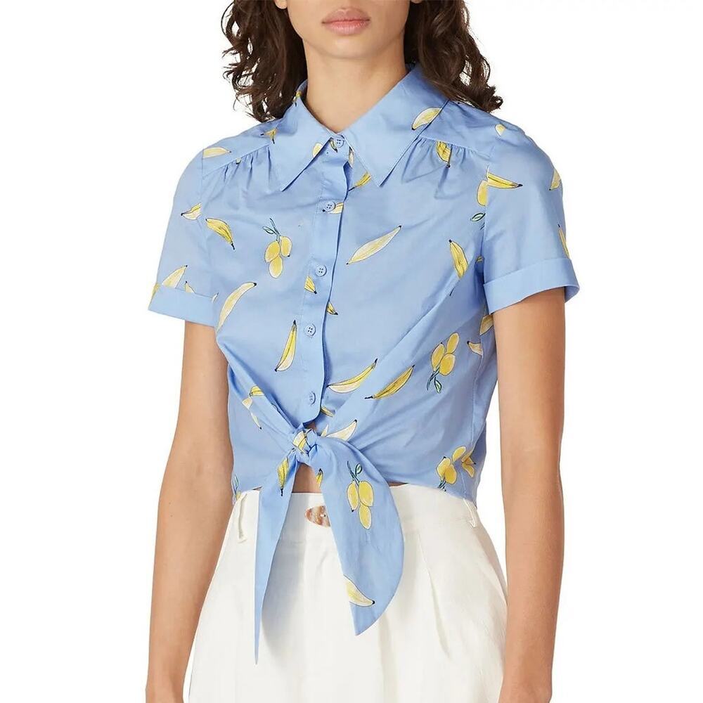 Milly Bonnie Top Banana Print Short Sleeve Tie Front Button-Down Cropped Blue S